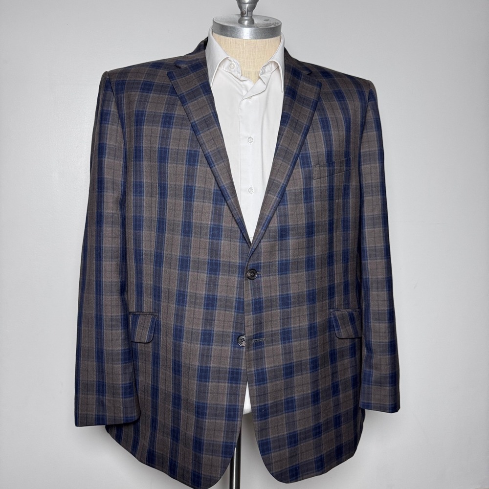 Joseph Abboud Blazer Mens 52L Brown Blue Plaid Wool Blend Two Button Jacket